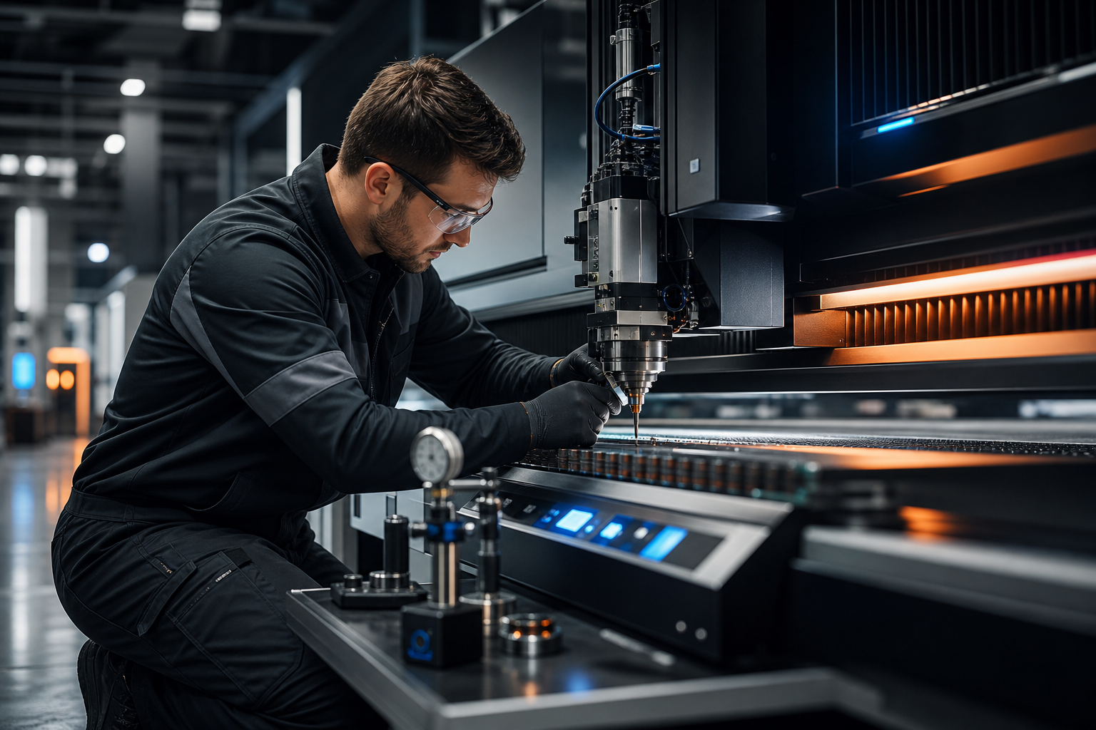 Tecnico especializado calibrando una maquina laser industrial