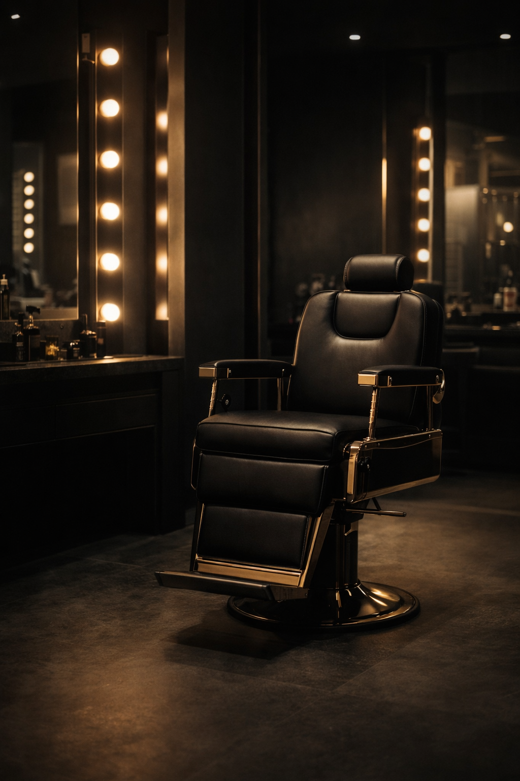 Barbería premium moderna: sillón, luces cálidas, detalles dorados